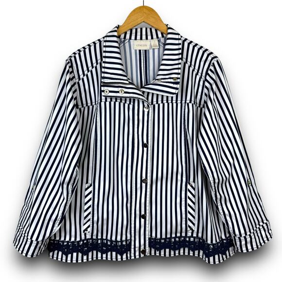 Chicos Navy Blue White Stripe Lightweight Jacket Zipper Front Roll Tab Sleeve XL - Picture 1 of 12